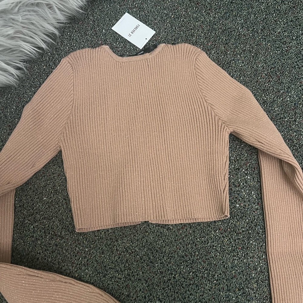 FOREVER 21 Nude Beige Tan Camel Cropped Ribbed Cardigan Sweater Top Shirt Sz M - Picture 12 of 16